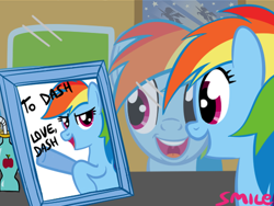 Size: 467x351 | Tagged: safe, artist:smile, character:rainbow dash, drink, female, kanye west, narcissism, picture, reflection, smiling, solo, wonderbolts