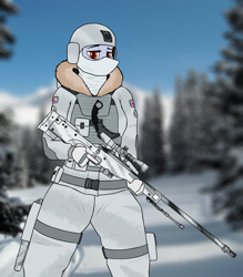 Size: 2622x3000 | Tagged: safe, artist:thermalcake, oc, oc only, oc:thermal cake, species:anthro, species:pegasus, species:pony, arctic warfare, awp, female, gun, karambit, optical sight, rifle, sniper, sniper rifle, snow, solo, tree, trigger discipline, weapon