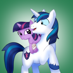 Size: 2000x2000 | Tagged: safe, artist:galaxyart, character:shining armor, character:twilight sparkle, species:pony, species:unicorn, bandage, brother and sister, cute, female, filly, gradient background, high res, male, ponies riding ponies, stallion, younger