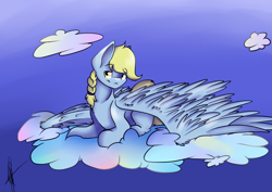Size: 4092x2893 | Tagged: safe, artist:rimmi1357, oc, oc only, oc:windswept skies, species:pegasus, species:pony, big wings, braid, cloud, looking at you, male, prone, solo, stallion, wings
