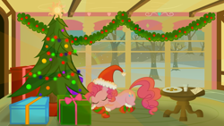 Size: 1920x1080 | Tagged: safe, artist:gratlofatic, character:pinkie pie, species:earth pony, species:pony, christmas, christmas tree, clothing, cookie, female, food, hat, inside, letter, mare, milk, present, santa hat, sleeping, snow, snowfall, socks, solo, table, tree, vector, wallpaper