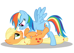 Size: 11000x8000 | Tagged: safe, artist:gratlofatic, character:applejack, character:rainbow dash, species:earth pony, species:pegasus, species:pony, ship:appledash, absurd resolution, eye contact, female, lesbian, looking at each other, mare, on back, shipping, simple background, transparent background, vector