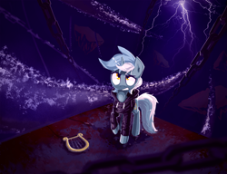 Size: 1920x1477 | Tagged: safe, artist:shovrike, character:lyra heartstrings, fanfic:background pony, chains, clothing, dig the swell hoodie, fanfic art, female, hoodie, lightning, lyre, solo, unsung realm