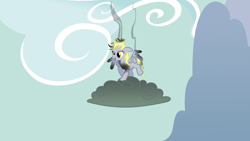Size: 10000x5625 | Tagged: safe, artist:gratlofatic, character:derpy hooves, species:pegasus, species:pony, absurd resolution, cloud, dark clouds, female, floppy ears, mare, messy mane, on a cloud, open mouth, smiling, solo, spread wings, standing on a cloud, vector, wings