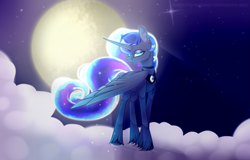 Size: 2505x1605 | Tagged: safe, artist:mp-printer, character:princess luna, species:alicorn, species:pony, g4, cloud, colored hooves, crepuscular rays, female, full moon, galaxy mane, glowing mane, glowing tail, hooves, jewelry, looking at you, mare, moon, necklace, night, night sky, peytral, sky, solo, three quarter view, unshorn fetlocks