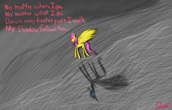 Size: 1280x817 | Tagged: safe, artist:the claud, character:fluttershy, claud thinks he's a poet, female, heart, implied depression, poem, poetry, shadow, solo, text