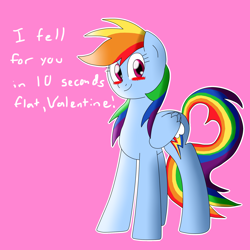 Size: 2000x2000 | Tagged: safe, artist:megaartist923, character:rainbow dash, blushing, female, heart, pink background, simple background, solo, valentine