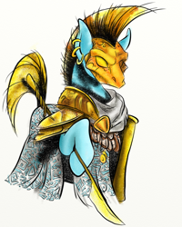 Size: 1000x1250 | Tagged: safe, artist:rannva, species:pony, armor, commission, ear piercing, earring, golden, jewelry, mask, morrowind, ordinator, piercing, ponified, simple background, solo, spear, the elder scrolls, weapon, white background