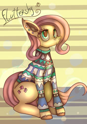 Size: 980x1392 | Tagged: safe, artist:mariogamesandenemies, character:fluttershy, clothing, cyan eyes, digital art, ear piercing, female, looking at you, multicolored sweater, piercing, pink hair, pink mane, pink tail, short hair, sitting, solo, stripped background, sweater, sweatershy, yellow coat
