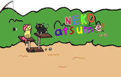 Size: 1280x817 | Tagged: safe, artist:the claud, character:fluttershy, ambiguous species, behaving like a cat, bush, camera, cat, crossover, cute, fishing rod, implied mind control, neko atsume, pun, scratches, socks (cat), style emulation