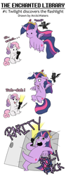 Size: 604x1599 | Tagged: safe, artist:arcticwaters, character:sweetie belle, character:twilight sparkle, character:twilight sparkle (alicorn), oc, oc:themis, species:alicorn, species:bird, species:owl, species:pony, species:unicorn, fanfic:the enchanted library, blank flank, fanfic art, female, filly, flashlight (object), foal, ghost, hooves, horn, kicking, mare, mom holy fuck, undead, wings