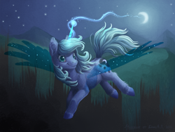 Size: 1024x768 | Tagged: safe, artist:dany-the-hell-fox, oc, ethereal wings, fluffy, flying, magic, moon, night, solo, unshorn fetlocks