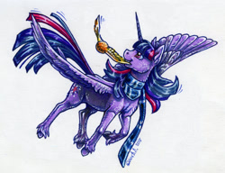 Size: 1000x766 | Tagged: safe, artist:dany-the-hell-fox, character:twilight sparkle, character:twilight sparkle (alicorn), species:alicorn, species:pony, clothing, female, fluffy, flying, golden snitch, harry potter, mare, mouth hold, quidditch, scarf, simple background, solo, traditional art, unshorn fetlocks