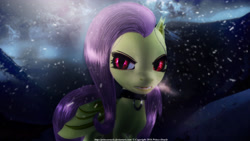 Size: 4096x2304 | Tagged: safe, artist:princeoracle, character:flutterbat, character:fluttershy, species:bat pony, species:pony, 3d, breath, choker, dem eyes, fangs, female, gmod, signature, snow, snowfall, solo