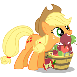 Size: 3000x3000 | Tagged: safe, artist:sunley, character:applejack, species:earth pony, species:pony, g4, apple, apple core, basket, female, high res, leaning forward, mare, mouth hold, simple background, solo, that pony sure does love apples, transparent background, vector