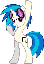 Size: 1432x2089 | Tagged: dead source, safe, artist:likonan, character:dj pon-3, character:vinyl scratch, species:pony, species:unicorn, bipedal, female, glasses, hooves, horn, mare, pose, simple background, smiling, solo, standing, sunglasses, teeth, transparent background, vector