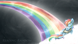 Size: 1920x1080 | Tagged: safe, artist:batlover800, edit, character:rainbow dash, species:pegasus, species:pony, book, cloud, eyes closed, female, mare, night, pun, rainbow, reading, reading rainboom, sky, smiling, solo, stars, text edit