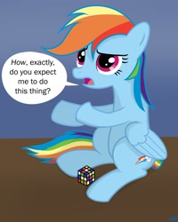 Size: 1024x1280 | Tagged: safe, artist:nuka-kitty, character:rainbow dash, female, franklin gothic medium, funny, rubik's cube, silly, solo