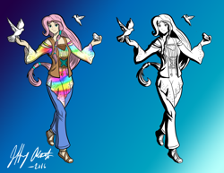 Size: 1024x789 | Tagged: safe, artist:penspark, character:fluttershy, species:human, digital art, female, gradient background, hippie, hippieshy, humanized, sandals, signature, solo