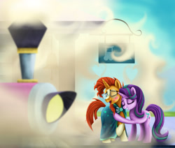 Size: 3089x2625 | Tagged: safe, artist:athos01, character:starlight glimmer, character:sunburst, ship:starburst, eyes closed, female, happy, kiss mark, male, open mouth, shipping, smiling, straight, train, train station