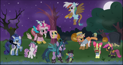Size: 1500x800 | Tagged: safe, artist:schnuffitrunks, character:apple bloom, character:applejack, character:diamond tiara, character:discord, character:flam, character:flim, character:fluttershy, character:gilda, character:nightmare moon, character:nightmare rarity, character:pinkie pie, character:princess luna, character:queen chrysalis, character:rainbow dash, character:rarity, character:scootaloo, character:spike, character:sweetie belle, character:twilight sparkle, species:dragon, species:earth pony, species:pegasus, species:pony, species:unicorn, antagonist, cider, clothing, costume, cutie mark crusaders, flim flam brothers, fluttertree, halloween, hilarious in hindsight, mane seven, mane six, night, nightmare night, shadowbolts, shadowbolts costume, tiara, tree, tree costume, vector