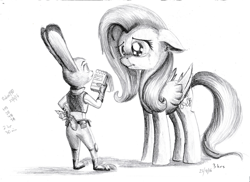 Size: 1752x1275 | Tagged: safe, artist:robsa990, character:fluttershy, crying, judy hopps, monochrome, sketch, traditional art, zootopia