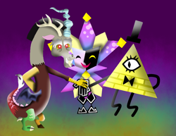 Size: 800x616 | Tagged: safe, artist:purpleloverpony, character:discord, bill cipher, bow tie, clothing, crossover, dimentio, gravity falls, hat, jester, paper mario, super mario bros., super paper mario, top hat, xk-class end-of-the-world scenario