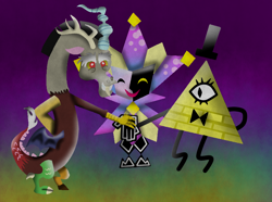 Size: 800x596 | Tagged: safe, artist:purpleloverpony, character:discord, bill cipher, crossover, dimentio, effects, gravity falls