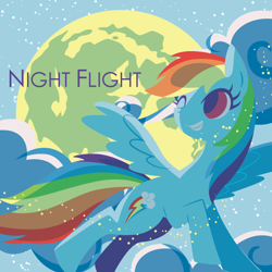 Size: 600x600 | Tagged: safe, artist:yousukou, character:rainbow dash, species:pegasus, species:pony, backlighting, cloud, cloudy, cutie mark, female, flying, full moon, grin, hooves, lineless, mare, minimalist, moon, one eye closed, pixiv, smiling, solo, spread wings, wings