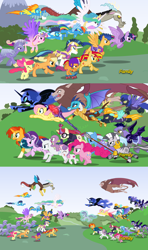 Size: 6000x10125 | Tagged: safe, artist:crisostomo-ibarra, character:apple bloom, character:applejack, character:discord, character:flash sentry, character:fluttershy, character:lightning dust, character:moondancer, character:nightmare moon, character:pinkie pie, character:princess cadance, character:princess celestia, character:princess ember, character:princess luna, character:rainbow dash, character:rarity, character:scootaloo, character:scorpan, character:shining armor, character:soarin', character:spike, character:spitfire, character:starlight glimmer, character:sunburst, character:sunset shimmer, character:sweetie belle, character:trixie, character:twilight sparkle, character:twilight sparkle (alicorn), character:zecora, species:alicorn, species:bat pony, species:crystal pony, species:dragon, species:pony, species:zebra, absurd resolution, angry, armor, awesome, badass, bloodstone scepter, captain america: civil war, charge, civil war, comic, counterparts, crystal guard, crystal guard armor, cutie mark crusaders, discovery family logo, dragon lord ember, epic, eyes closed, fake, fake screencap, female, flying, i can't believe it's not hasbro studios, levitation, magic, magical quintet, mane six, mare, marvel, night guard, royal sisters, scooter, self-levitation, shadowbolts, spear, staff, telekinesis, twilight's counterparts, weapon, wonderbolts