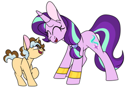 Size: 1024x715 | Tagged: safe, artist:korgikardigan, character:starlight glimmer, oc, oc:cheese whiz, parent:cheese sandwich, parent:trixie, parents:cheesixie, species:pony, species:unicorn, aunt, bracelet, cute, eyes closed, female, glimmerbetes, jewelry, mare, older, open mouth, smiling