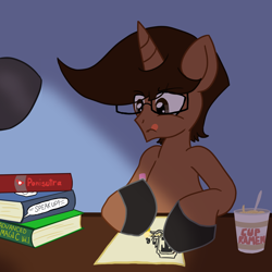 Size: 2600x2600 | Tagged: safe, artist:nerdymexicanunicorn, oc, oc only, oc:nerdy, species:pony, species:unicorn, book, college, food, glasses, holding, hooves on the table, lamp, lighting, noodles, pencil, ramen, tongue out, writing