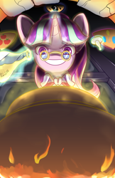 Size: 1320x2040 | Tagged: safe, artist:banzatou, character:snowfall frost, character:starlight glimmer, species:pony, species:unicorn, episode:a hearth's warming tail, g4, my little pony: friendship is magic, clothing, evil grin, female, fire, glasses, magic, mare, scene interpretation, smiling, solo, telekinesis