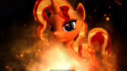 Size: 4096x2298 | Tagged: safe, artist:princeoracle, character:sunset shimmer, species:pony, species:unicorn, 3d, absurd resolution, dark, female, fiery shimmer, fire, gmod, looking at you, solo