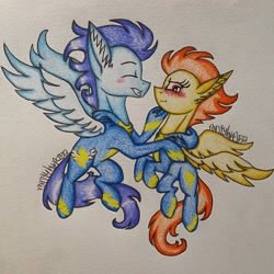 Size: 640x640 | Tagged: safe, artist:raritylover152, character:soarin', character:spitfire, species:pony, ship:soarinfire, blushing, clothing, ear fluff, female, male, shipping, straight, traditional art, tsundere, wonderbolts uniform