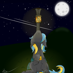 Size: 3000x3000 | Tagged: safe, artist:epicenehs, oc, oc only, oc:echo, species:changeling, equestria2101, female, lamppost, sky, solo, stars, yellow changeling