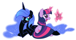 Size: 3672x1944 | Tagged: safe, artist:riisusparkle, character:nightmare moon, character:princess luna, character:twilight sparkle, species:alicorn, species:pony, species:unicorn, ship:twimoon, blushing, missing accessory, scrunchy face, simple background, transparent background, vector