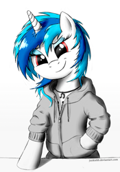Size: 939x1344 | Tagged: safe, artist:junkiekb, character:dj pon-3, character:vinyl scratch, clothing, hoodie, necklace