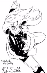 Size: 1320x2040 | Tagged: safe, artist:banzatou, character:sunset shimmer, species:human, my little pony:equestria girls, blushing, clothing, female, humanized, jacket, looking at you, monochrome, open mouth, pants, signature, sketch, solo