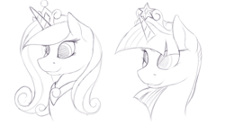 Size: 1600x889 | Tagged: safe, artist:ac-whiteraven, character:princess cadance, character:twilight sparkle, character:twilight sparkle (alicorn), species:alicorn, species:pony, bust, female, grayscale, monochrome, portrait, solo