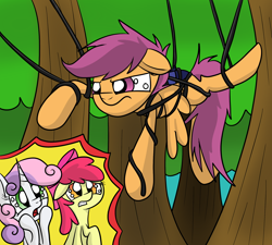 Size: 2000x1800 | Tagged: safe, artist:yourfavoritelove, character:apple bloom, character:scootaloo, character:sweetie belle, blank flank, cutie mark crusaders, parachute, stuck, tangled up, tree, tree sap and pine needles