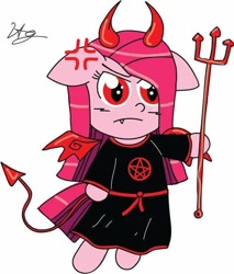 Size: 526x616 | Tagged: dead source, safe, artist:chibi-cat-girl101, artist:pinkamena-chan, character:pinkamena diane pie, character:pinkie pie, species:earth pony, species:pony, bipedal, cross-popping veins, demon, devil pinkie pie, female, hoof hold, mare, signature, simple background, solo, white background