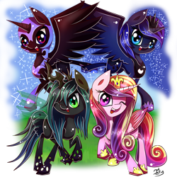 Size: 900x900 | Tagged: dead source, safe, artist:inky-pinkie, character:nightmare moon, character:princess cadance, character:princess luna, character:queen chrysalis, species:alicorn, species:changeling, species:pony, changeling queen, cute, cutealis, cutedance, female, happy, heart, heart eyes, looking at you, lunabetes, moonabetes, nymph, one eye closed, open mouth, ponidox, self ponidox, signature, simple background, smiling, smiling at you, transparent background, wingding eyes, wink