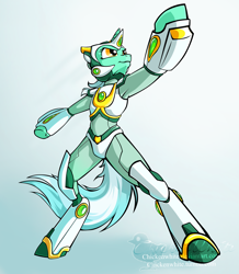 Size: 2000x2294 | Tagged: safe, artist:chickenwhite, character:lyra heartstrings, species:pony, armpits, bipedal, capcom, crossover, female, megaman, megaman x, megamare, megamare x, solo