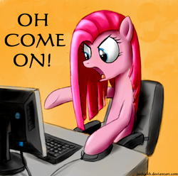 Size: 748x741 | Tagged: safe, artist:junkiekb, character:pinkamena diane pie, character:pinkie pie, computer, oh come on, reaction image, upset