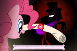 Size: 1500x1000 | Tagged: safe, artist:flamingo1986, character:pinkie pie, species:earth pony, species:pony, clothing, count maleficio, female, grin, hat, male, mare, scroll, smiling, stallion, the ballad of mecha pinkie pie, top hat