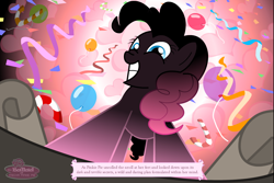 Size: 1500x1000 | Tagged: safe, artist:flamingo1986, character:pinkie pie, species:earth pony, species:pony, g4, backlighting, balloon, equestria is doomed, female, mare, scroll, solo, streamers, the ballad of mecha pinkie pie