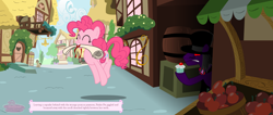 Size: 2356x1000 | Tagged: safe, artist:flamingo1986, character:doctor whooves, character:pinkie pie, character:time turner, species:earth pony, species:pony, g4, clothing, count maleficio, cupcake, female, food, hat, male, mare, mouth hold, scroll, stallion, the ballad of mecha pinkie pie, top hat