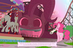 Size: 1500x1000 | Tagged: safe, artist:flamingo1986, character:pinkie pie, species:earth pony, species:pony, g4, amusement park, carousel, female, mare, mouth hold, party research facility, scroll, solo, the ballad of mecha pinkie pie