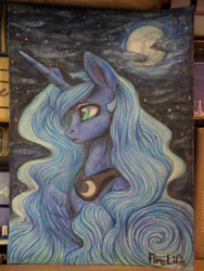 Size: 3456x4608 | Tagged: safe, artist:andyfirelife, character:princess luna, female, moon, solo, stars, traditional art